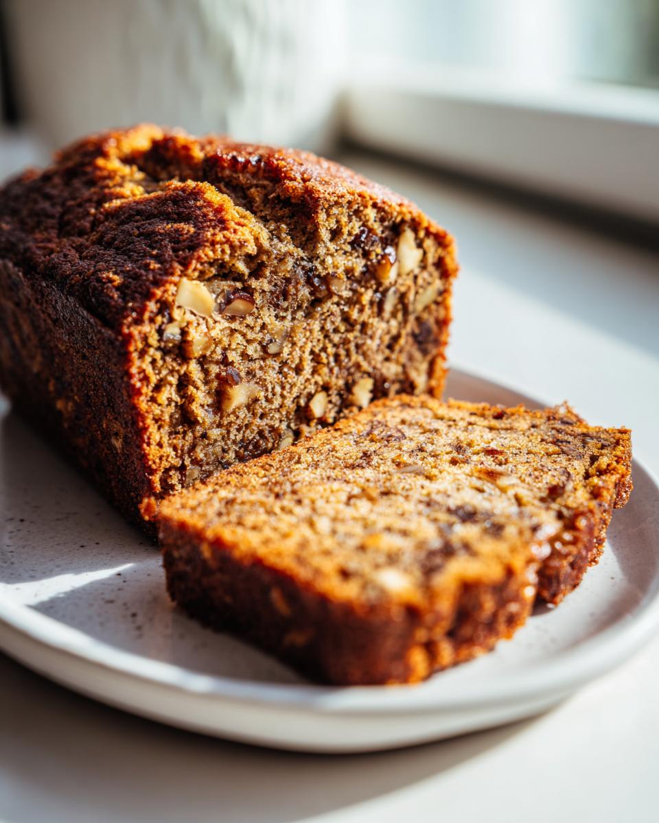 A close-up of a freshly baked loaf of date nut bread with one slice cut and resting beside it on a white plate.