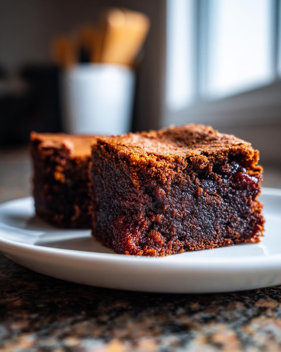 Close-up of two rich, dark, and moist gingerbread brownies sitting on a white plate.