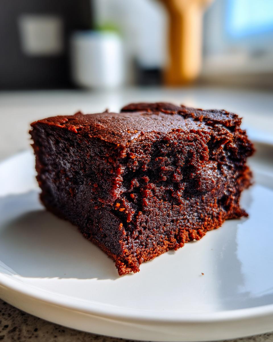 A close-up shot of a rich, dark, moist square of gingerbread brownies served on a white plate.