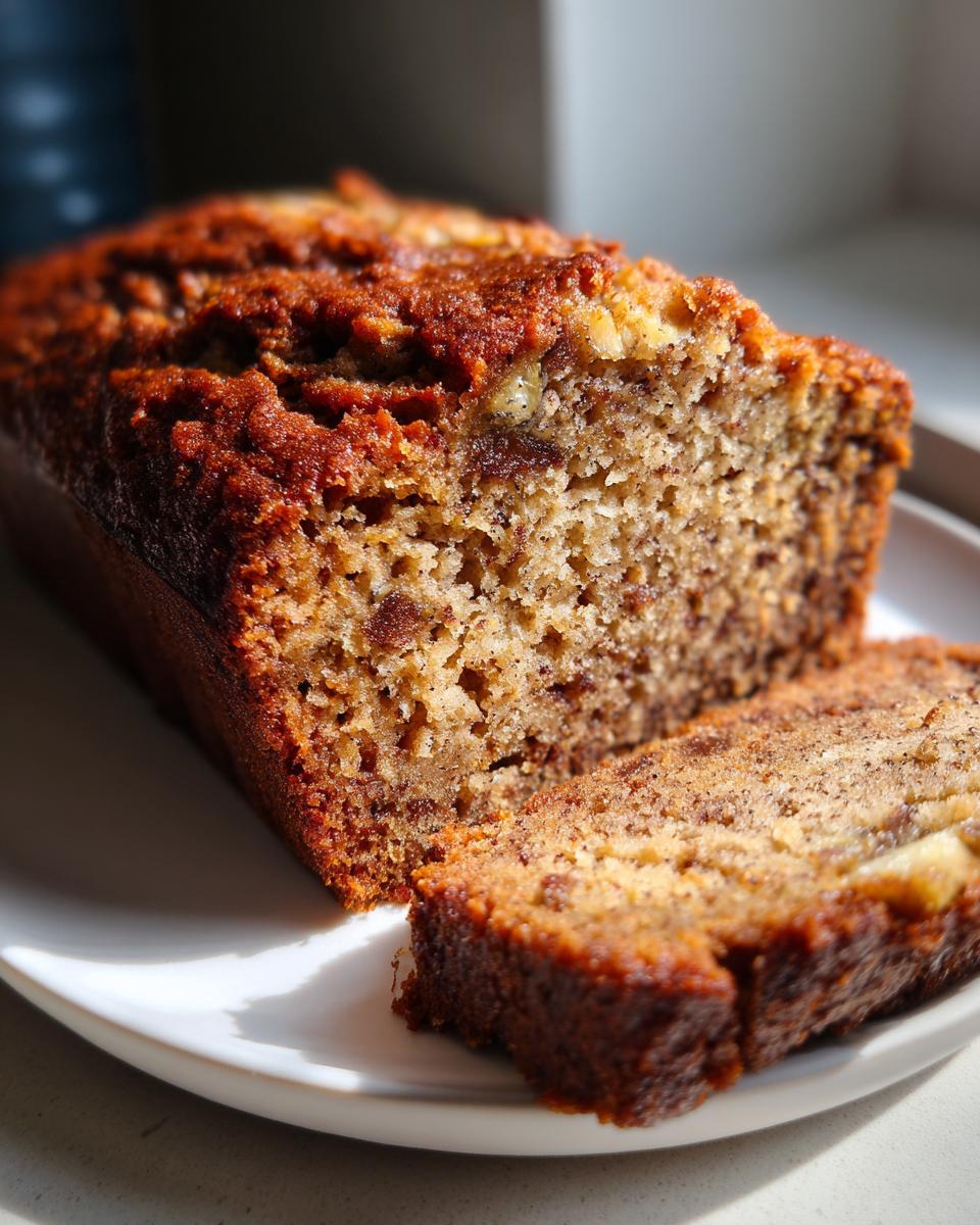 A close-up of a freshly baked greek yogurt banana bread loaf with one slice cut and resting beside it on a white plate.