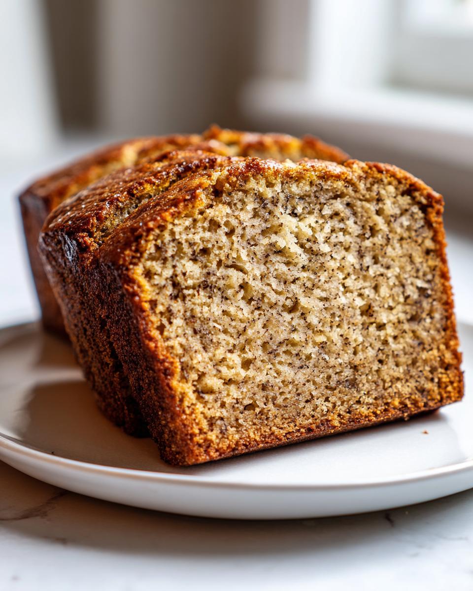 Close-up of a thick slice of moist greek yogurt banana bread showing its tender crumb texture.