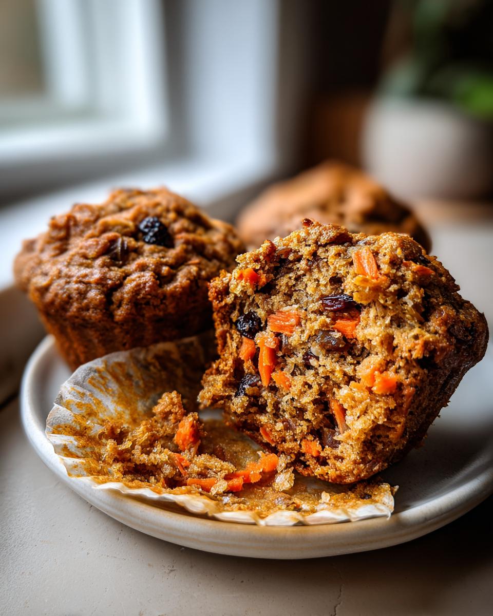 A close-up of a morning glory muffin broken open, showing shredded carrots, raisins, and a moist texture.