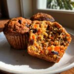 Close-up of a morning glory muffin cut in half showing carrots, raisins, and texture.