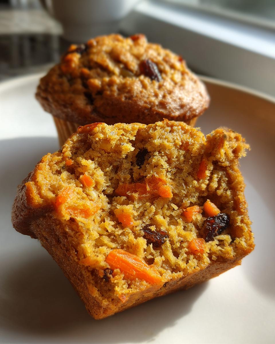Close-up of a halved morning glory muffin showing its moist texture, shredded carrots, and raisins inside.