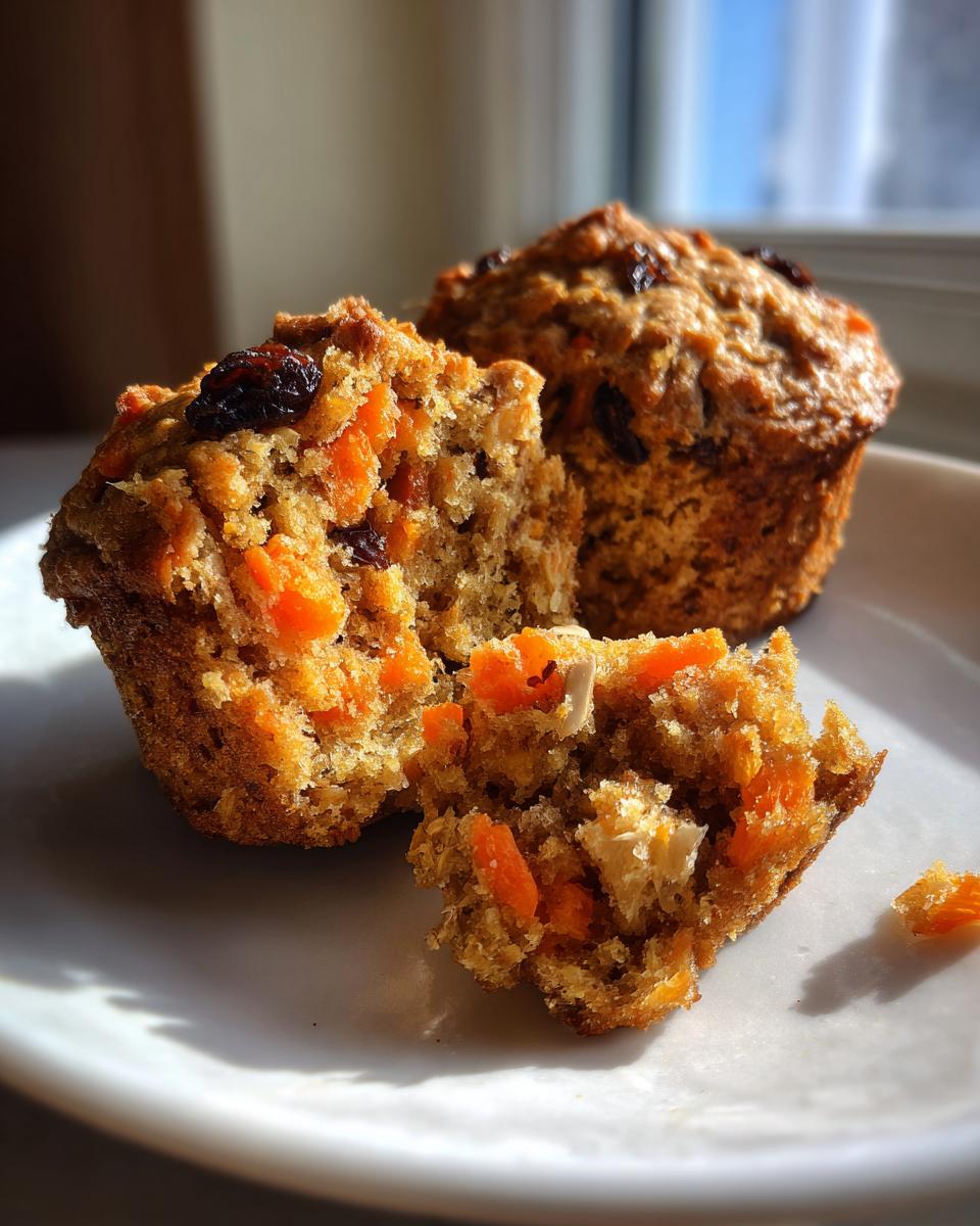 Close-up of a morning glory muffin broken open, showing moist texture, shredded carrots, and raisins inside.