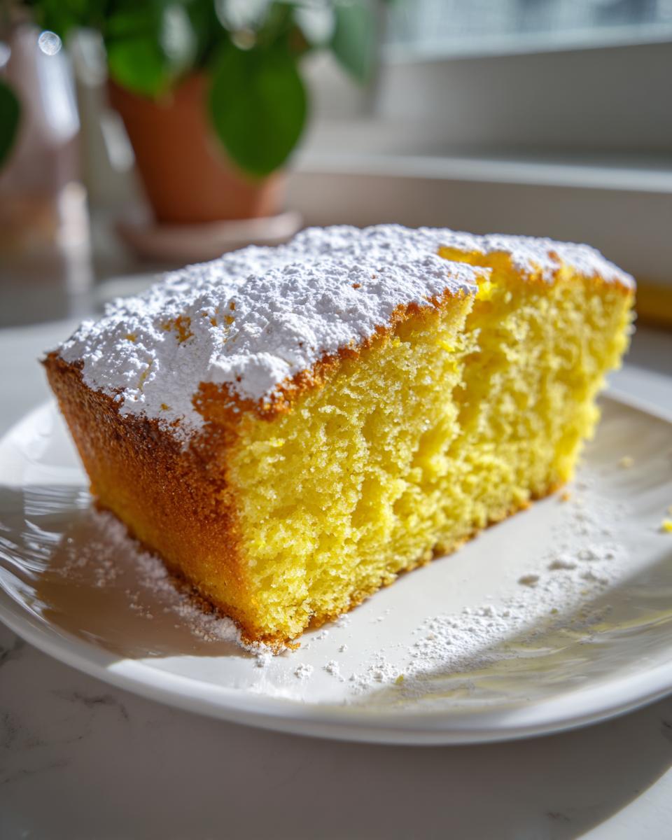 A bright yellow, moist slice of olive oil cake dusted heavily with powdered sugar, served on a white plate.