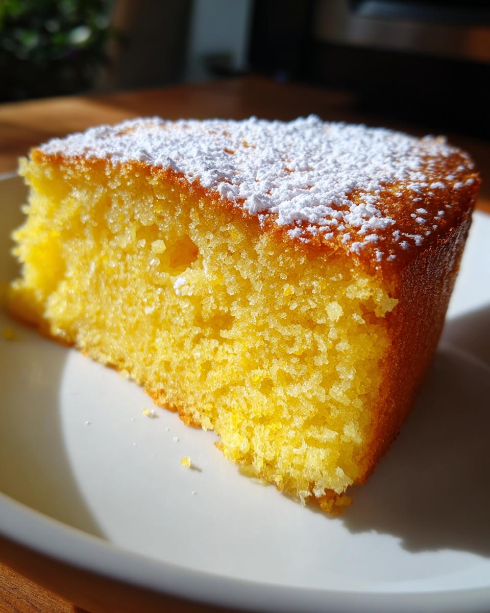 Close-up of a bright yellow, moist slice of olive oil cake topped with white powdered sugar.