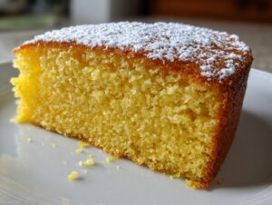 Close-up of a moist, yellow slice of olive oil cake dusted with white powdered sugar on a white plate.