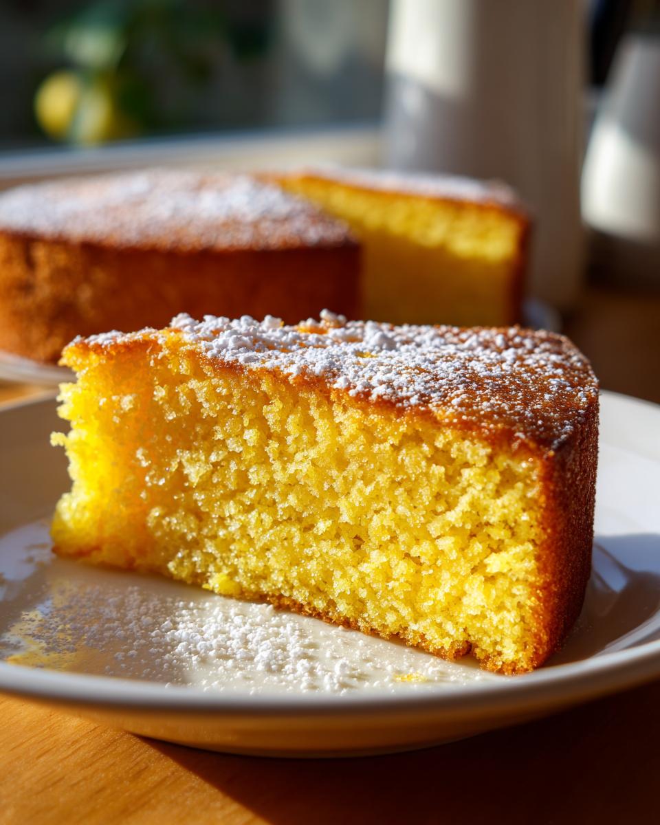 Close-up of a moist, yellow slice of olive oil cake dusted with powdered sugar on a white plate.