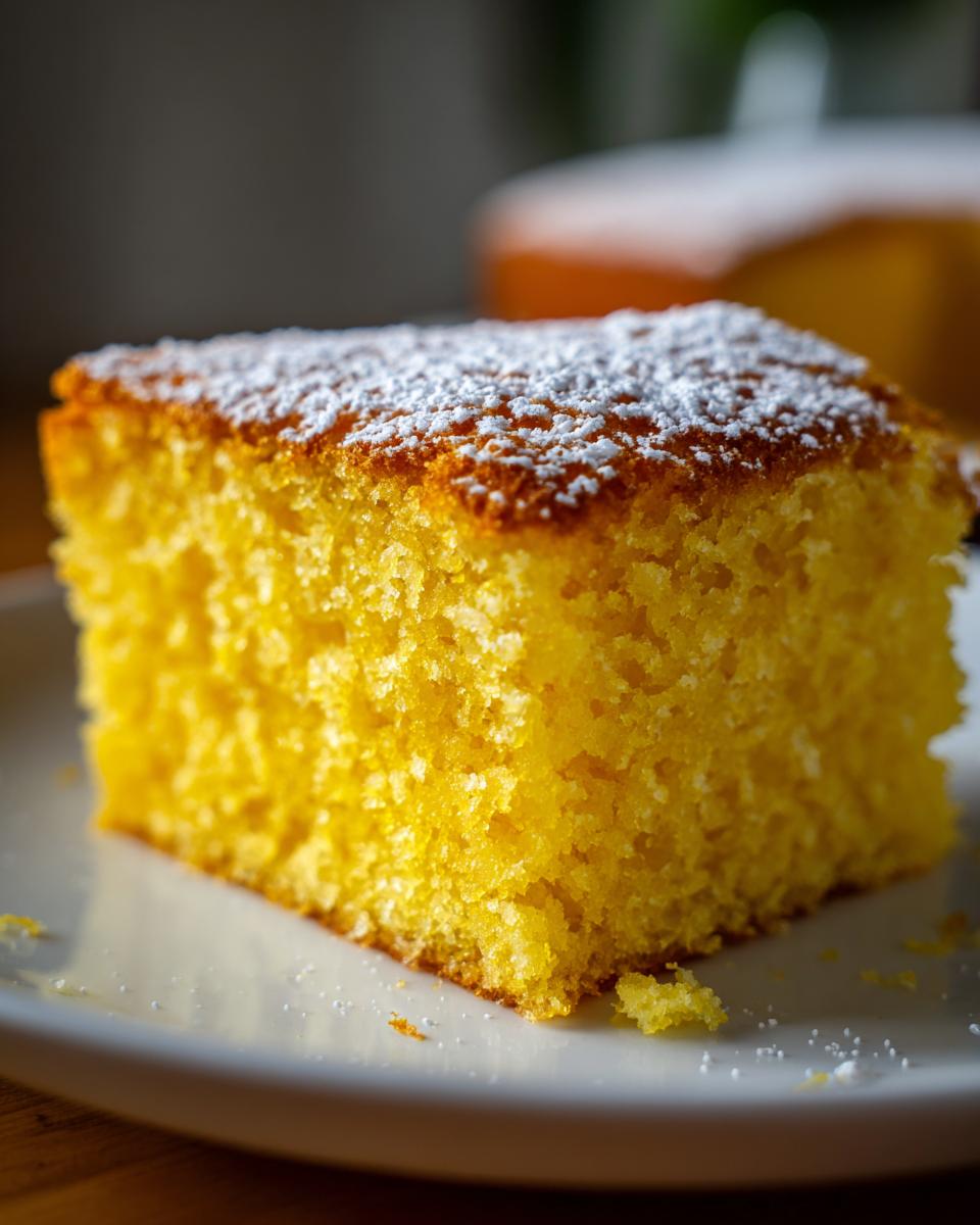 Close-up of a square slice of bright yellow olive oil cake, topped with powdered sugar, on a white plate.