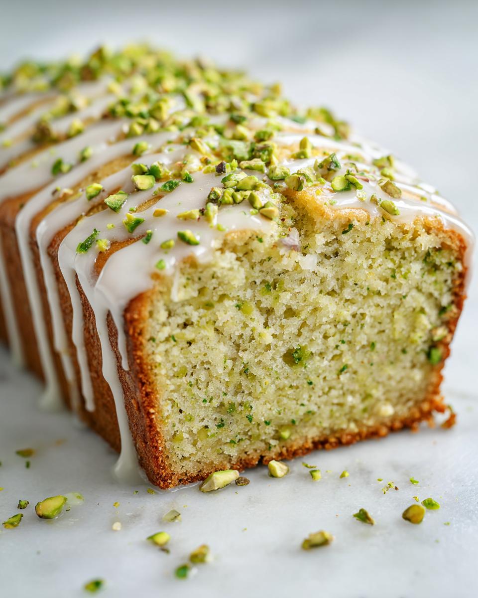 Close-up of a slice of moist pistachio bread topped with white glaze and chopped pistachios.