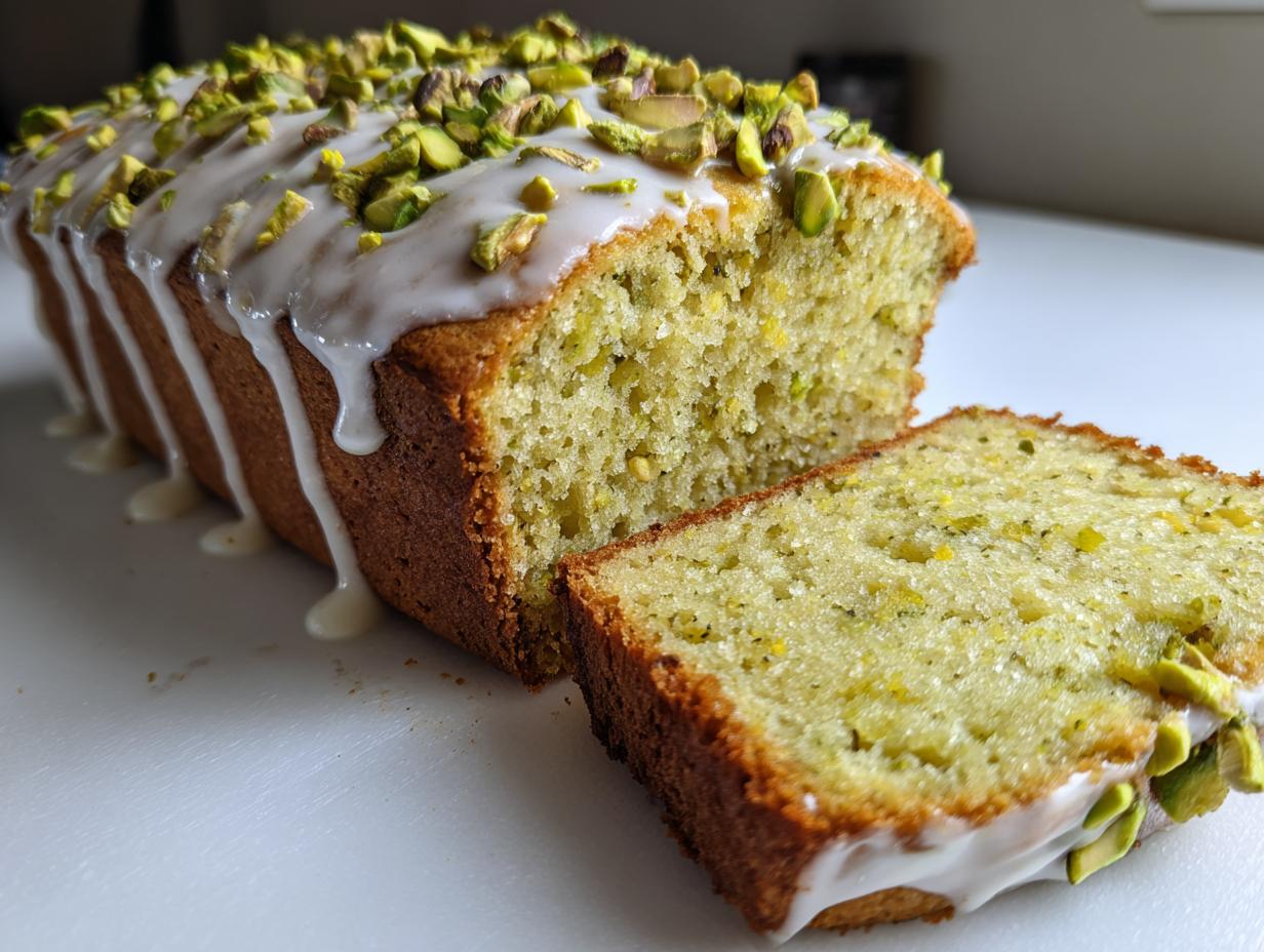 A loaf of moist pistachio bread, partially sliced, drizzled with white icing and topped with chopped pistachios.