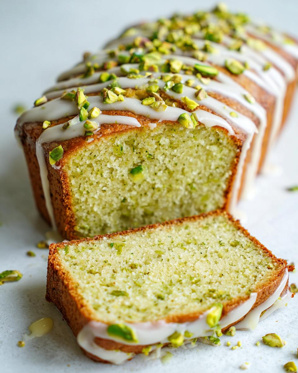 A slice cut from a loaf of moist pistachio bread, drizzled with white glaze and topped with chopped pistachios.