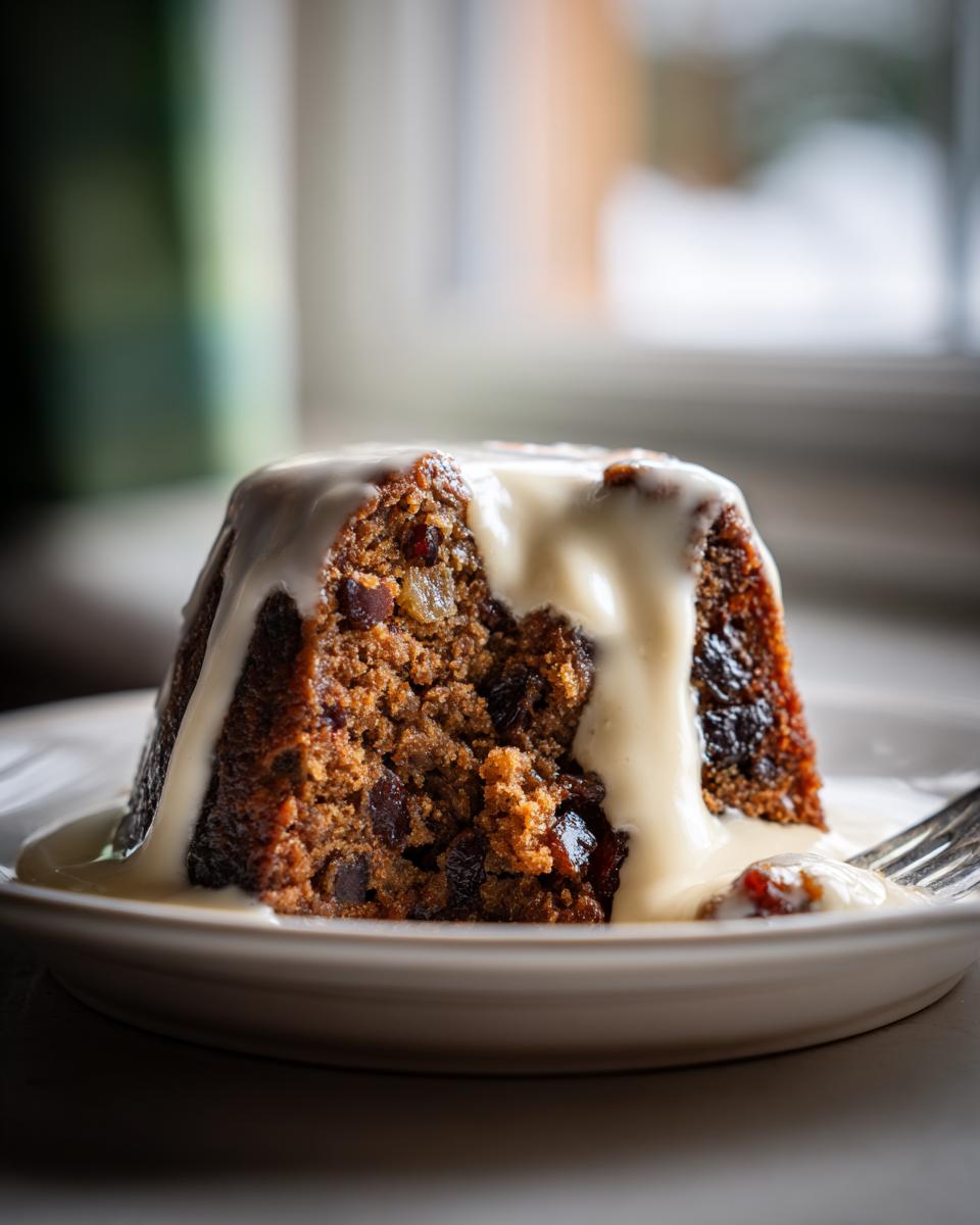 A rich, dark slice of plum pudding covered in creamy custard sauce, served on a white plate.