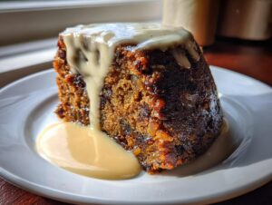 A rich, dark slice of traditional plum pudding topped with flowing vanilla custard sauce.