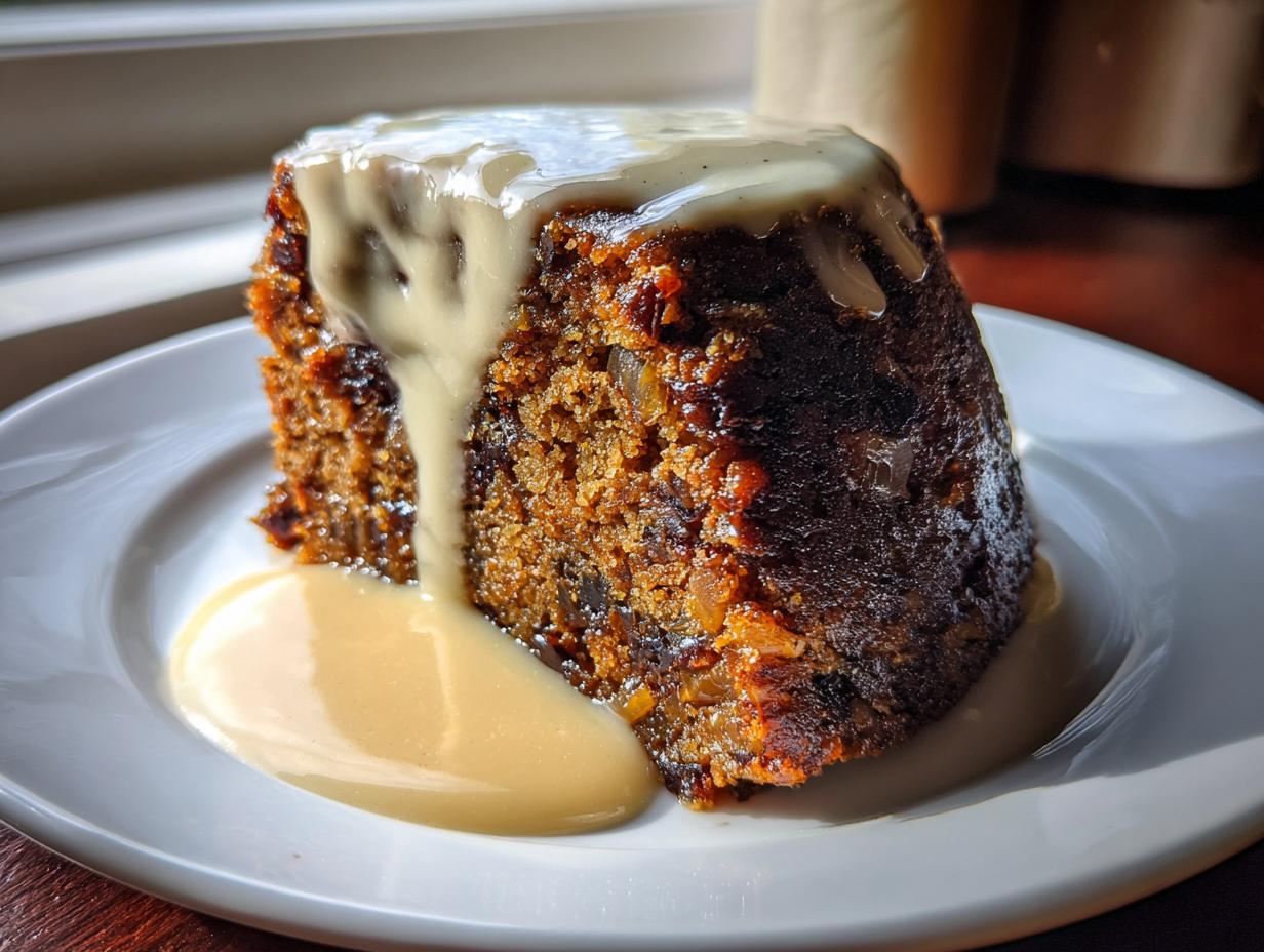 A rich, dark slice of traditional plum pudding topped with flowing vanilla custard sauce.