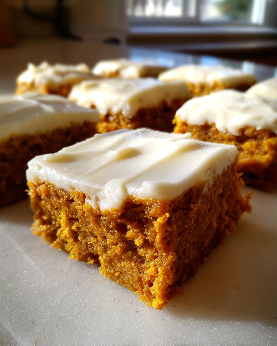 A close-up shot of a square piece of moist pumpkin bars with cream cheese frosting, with more bars blurred in the background.