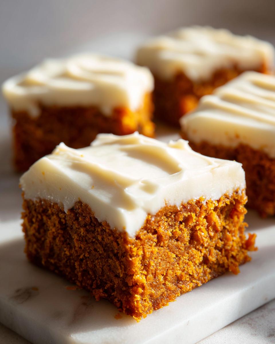 Close-up of a square pumpkin bar with thick cream cheese frosting, showing the moist texture of the pumpkin bars.
