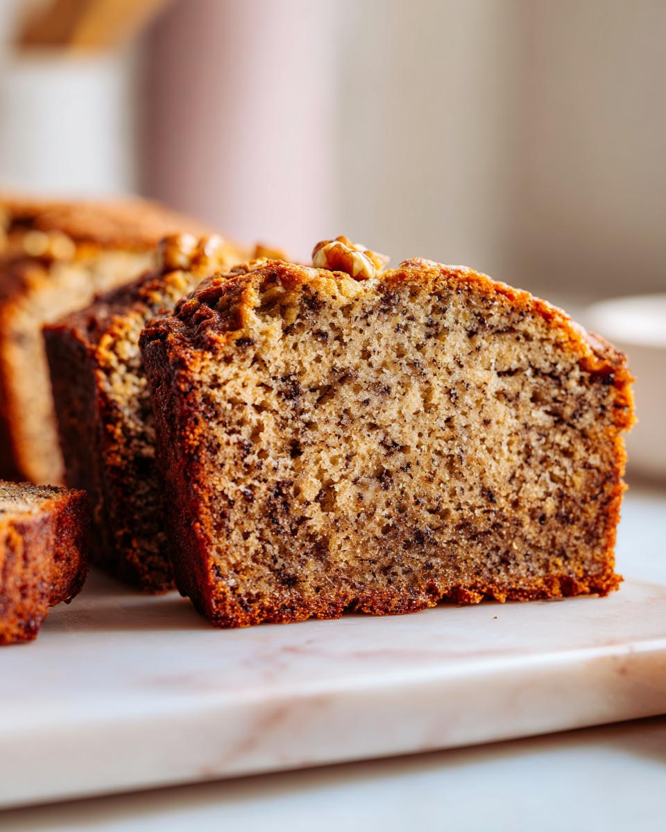 Close-up of a thick slice of moist sugar free banana bread showing dark banana flecks and topped with a walnut.