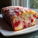 Close-up view of a moist slice of strawberry bread topped with a sweet vanilla glaze.