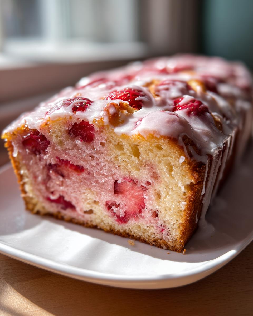 Close-up of a moist strawberry bread loaf, featuring visible chunks of strawberry and a sweet white glaze topping.