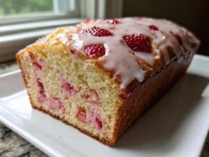 A moist, freshly baked strawberry bread loaf sliced to show the fruit inside, topped with a pink strawberry glaze.
