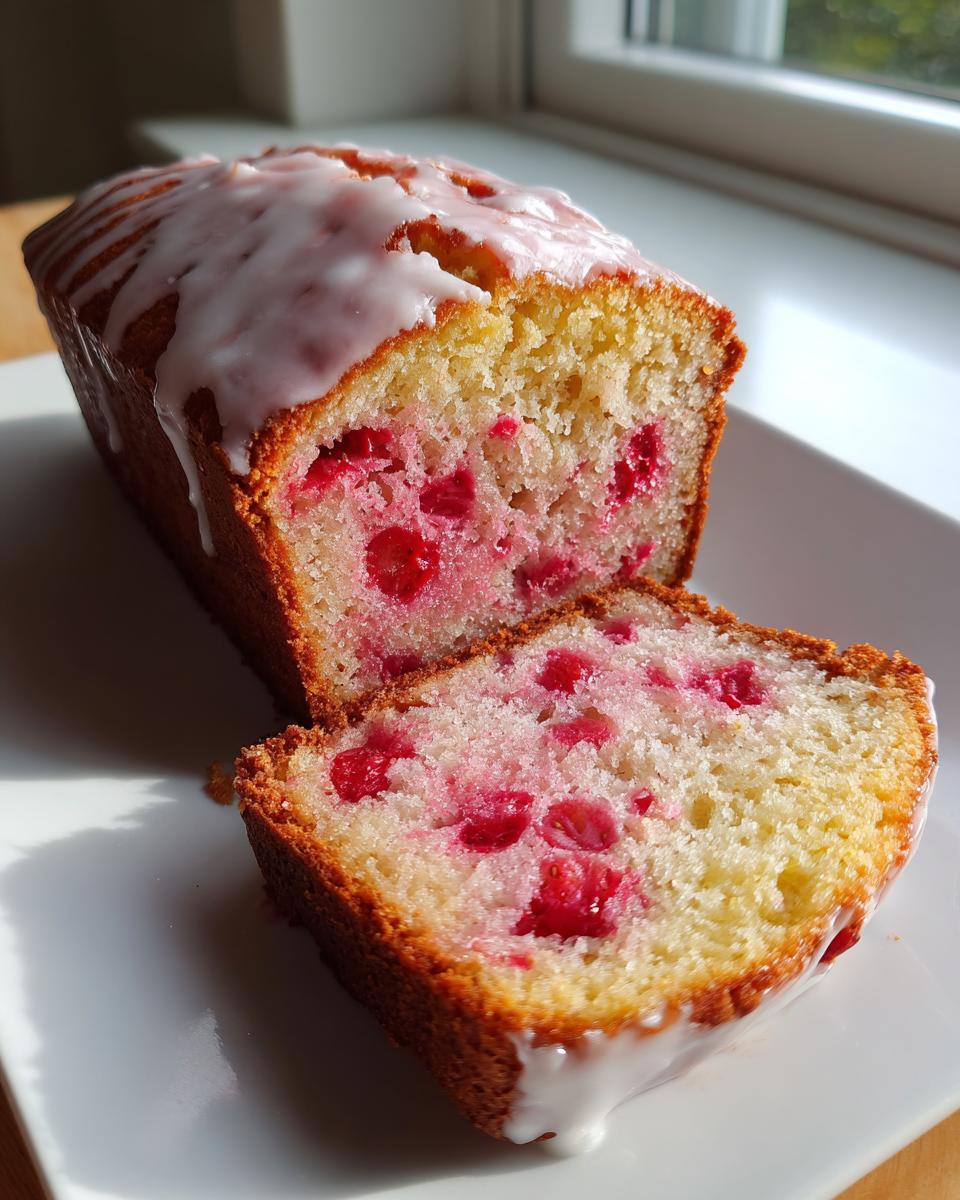 A moist strawberry bread loaf, partially sliced, showing bright red fruit throughout the crumb and topped with a white vanilla glaze.