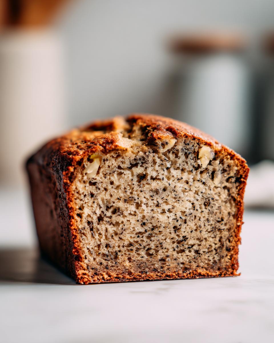 Cross-section view of a freshly baked sugar free banana bread loaf showing moist crumb texture and nuts.