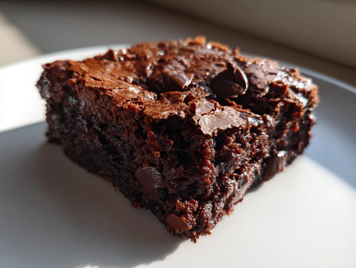 A close-up, richly textured slice of moist sweet potato brownies topped with melted chocolate chips on a white plate.