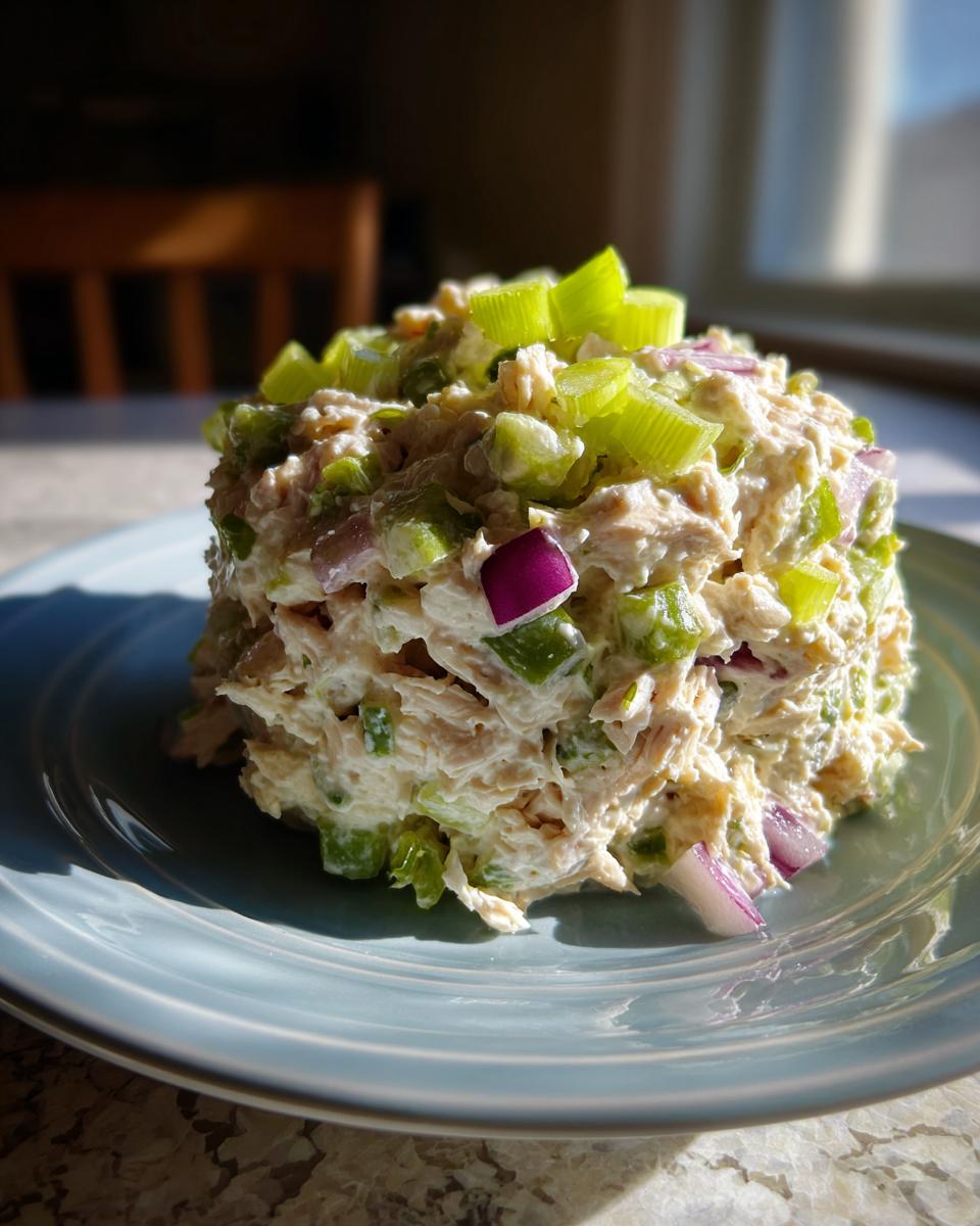A molded serving of creamy cottage cheese chicken salad topped with bright green celery and red onion.