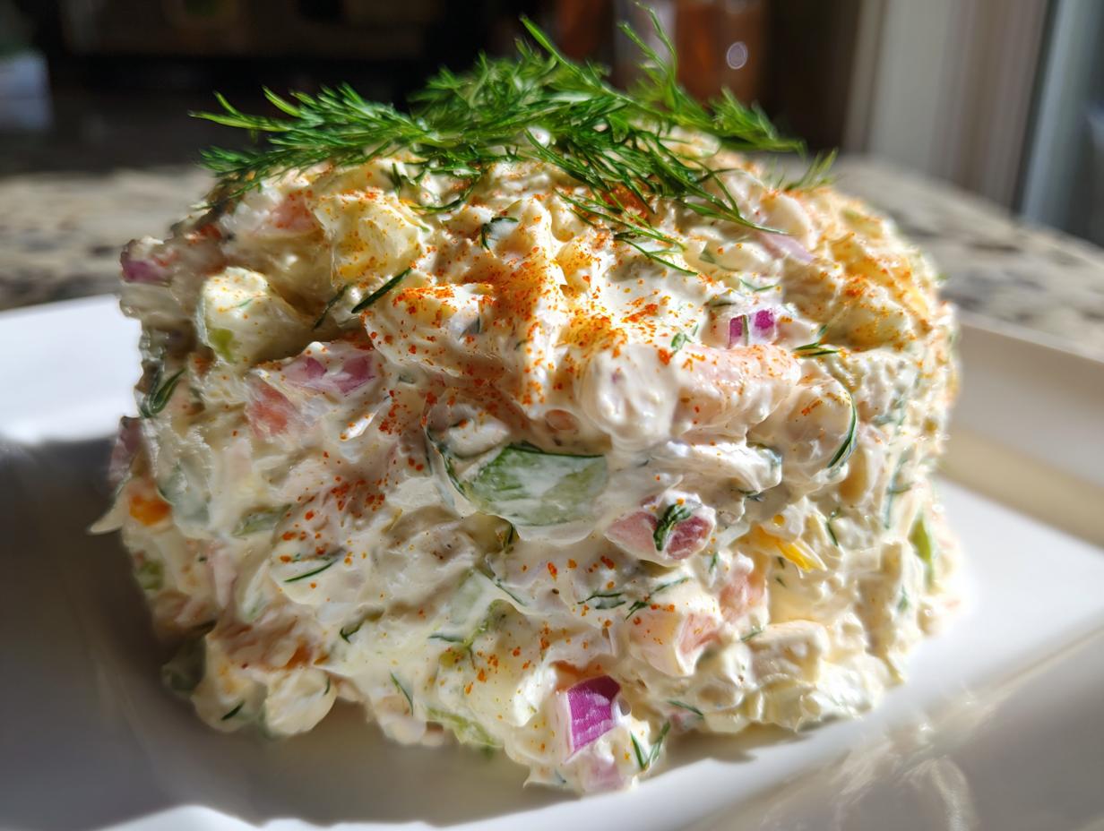 A beautifully molded portion of creamy seafood salad, topped with fresh dill and a sprinkle of paprika.
