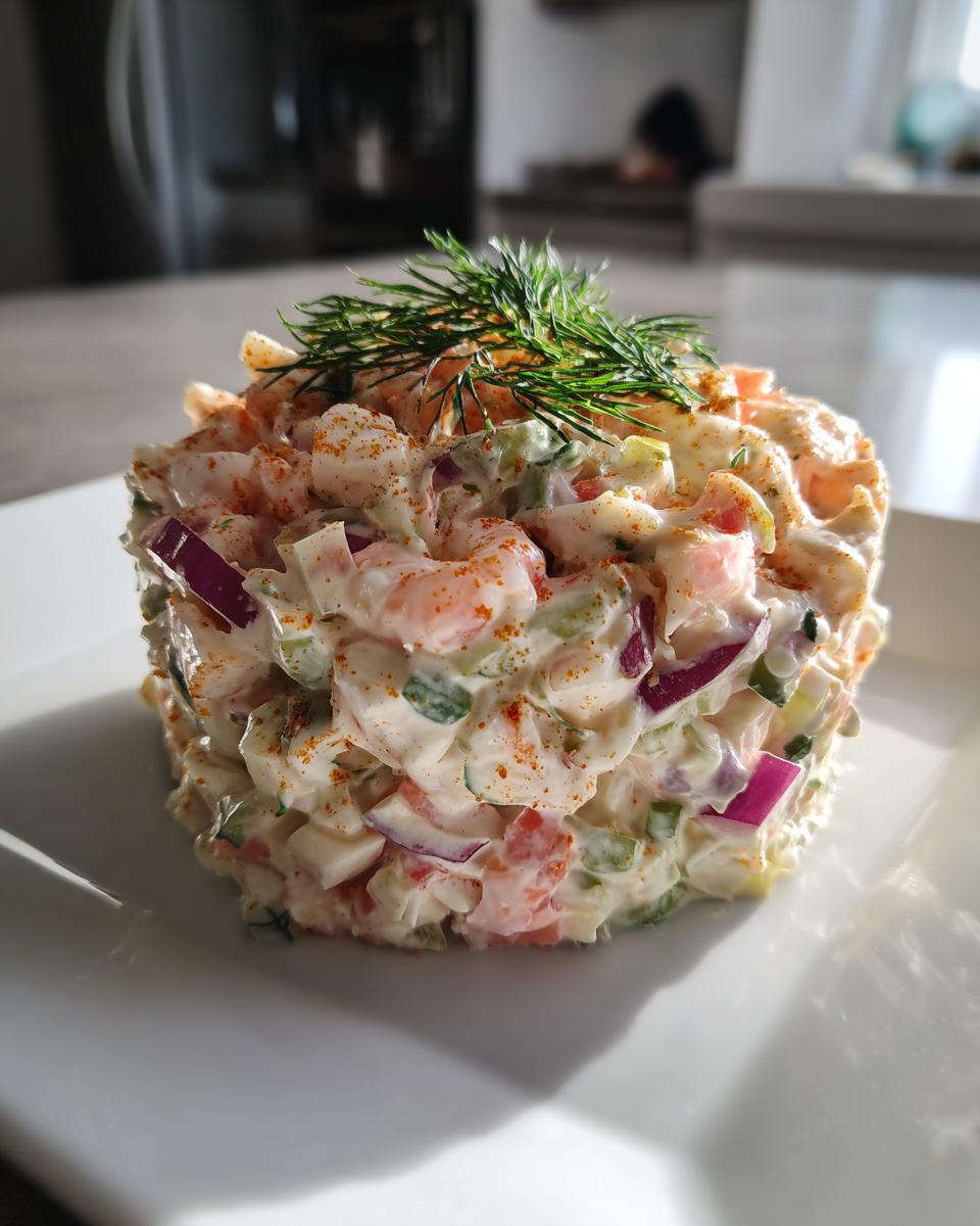 A perfectly molded serving of creamy seafood salad featuring shrimp, red onion, and celery, topped with fresh dill.