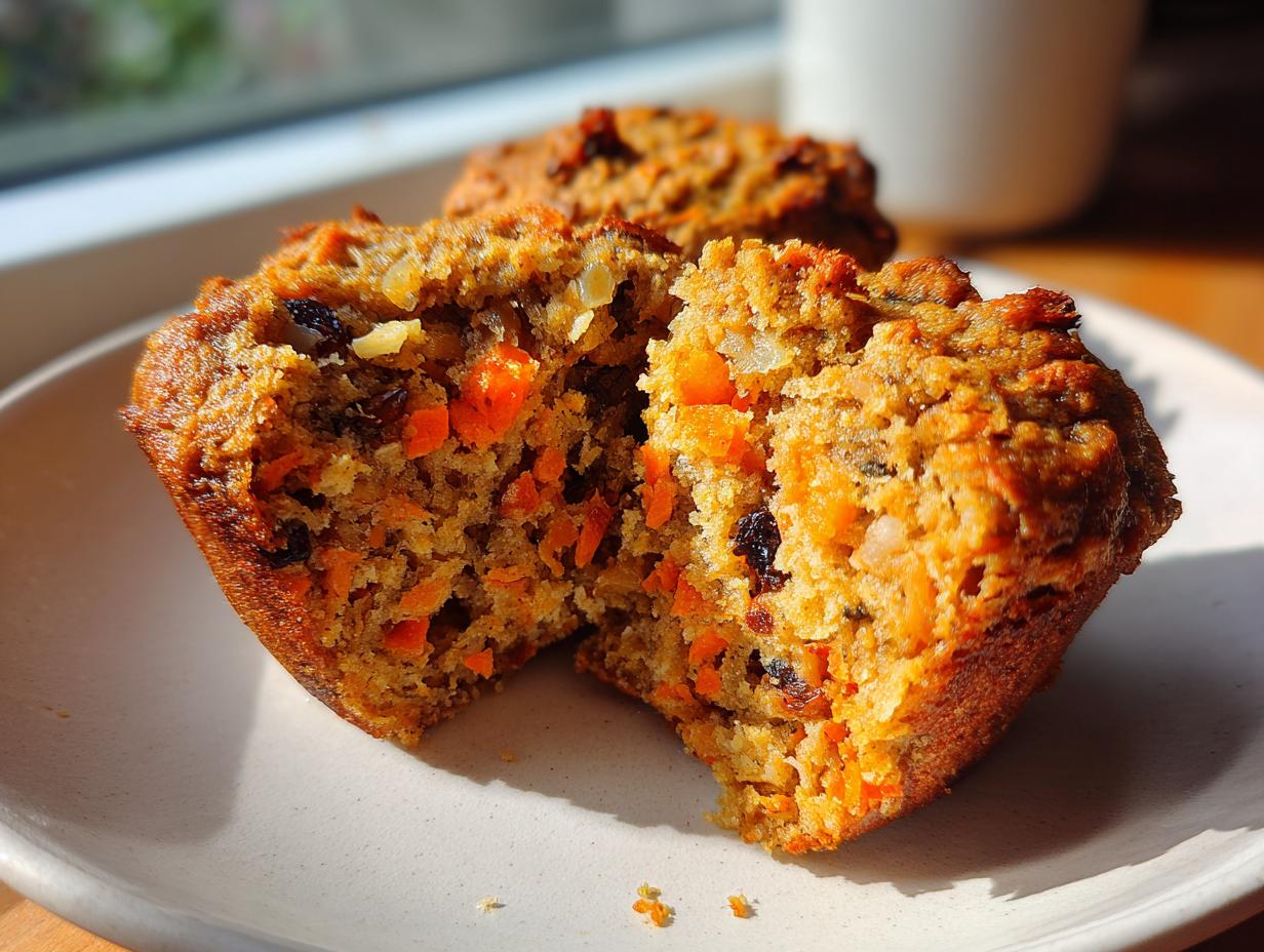 Cross-section of a moist morning glory muffin showing visible shredded carrots, raisins, and nuts.