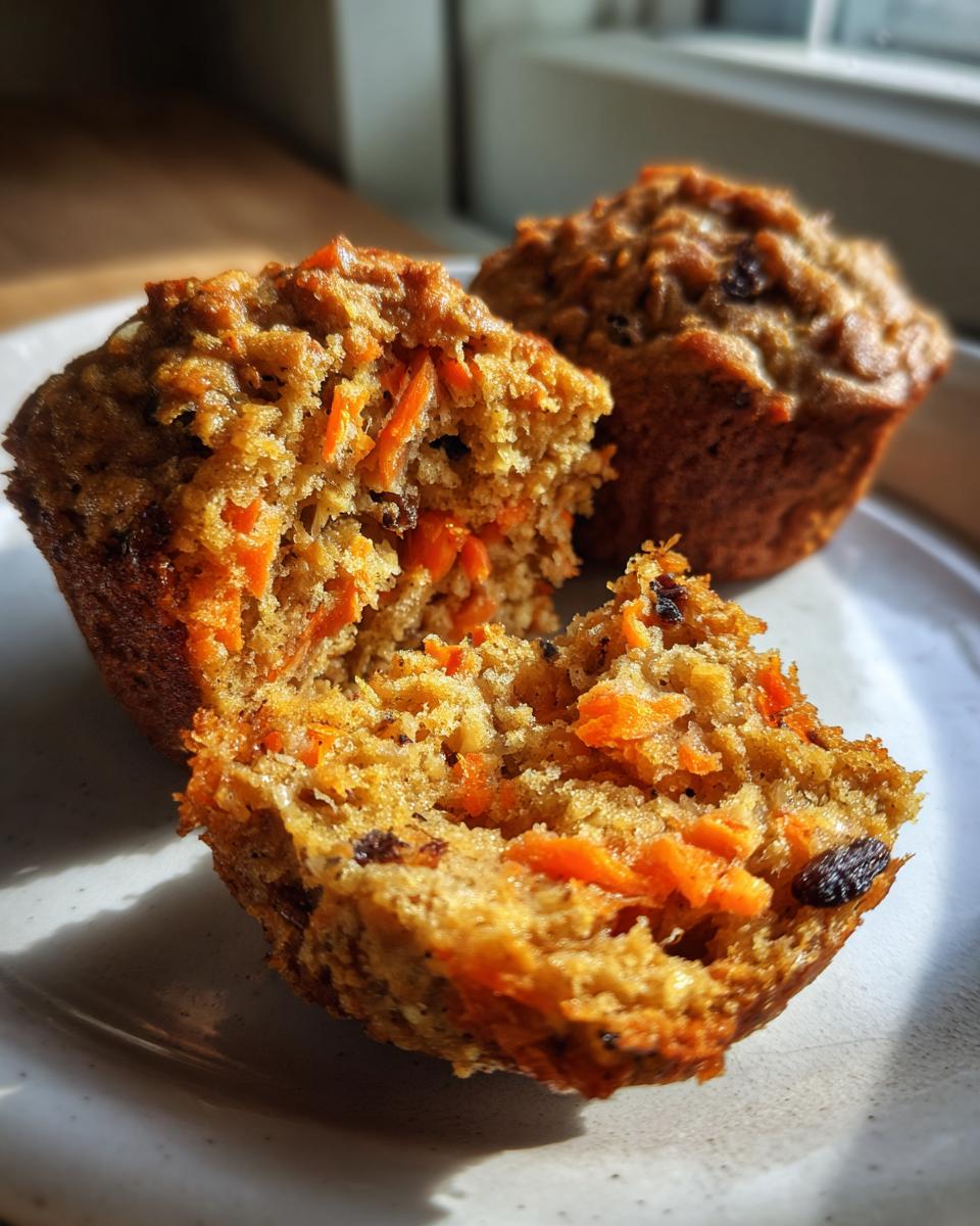 Close-up of a morning glory muffin broken in half showing shredded carrots and raisins inside.