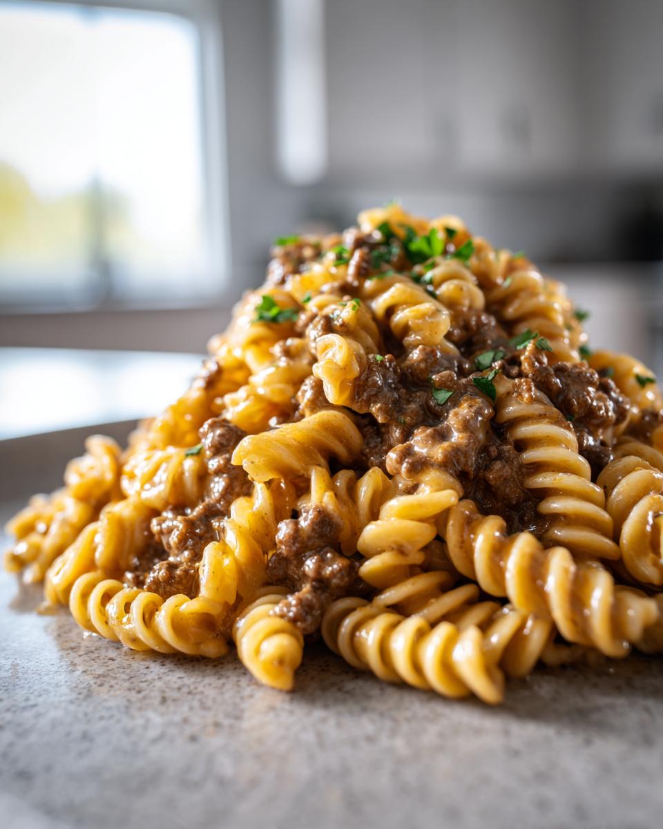 A close-up of creamy one-pot beef pasta made with fusilli noodles and ground beef sauce, garnished with parsley.