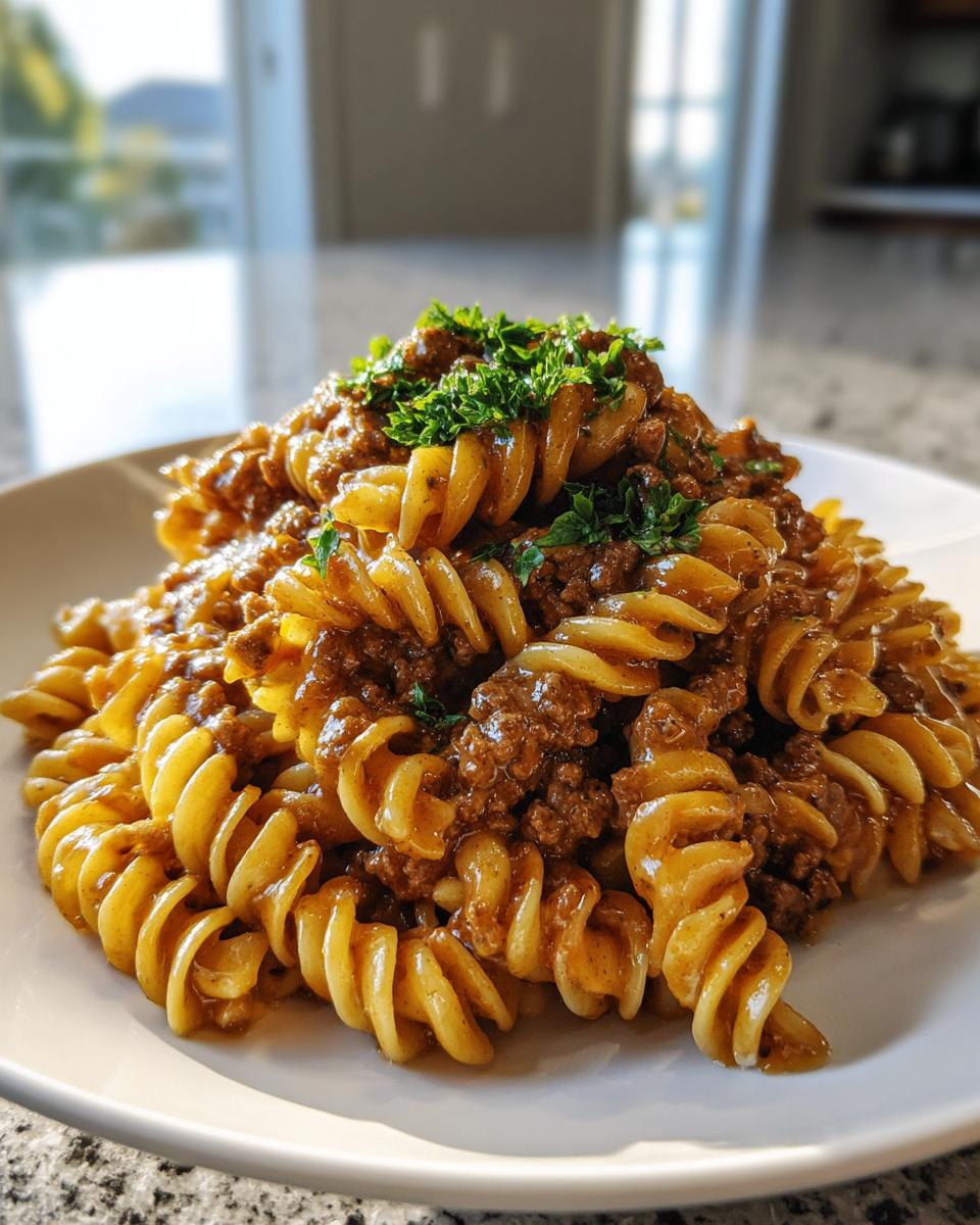 A close-up of a generous serving of fusilli beef pasta coated in a rich sauce and topped with fresh parsley.