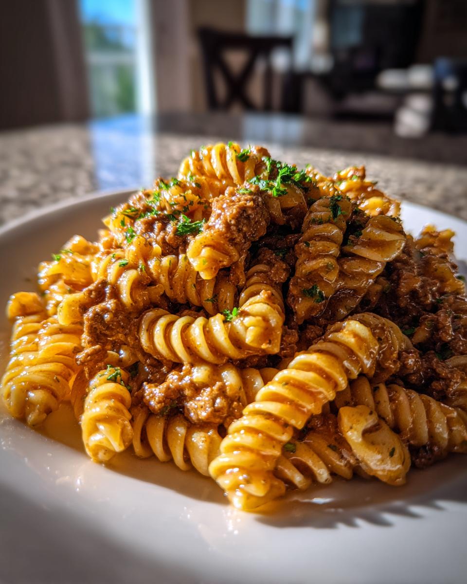 Close-up of a serving of one-pot beef pasta using fusilli noodles coated in a rich brown sauce and topped with parsley.