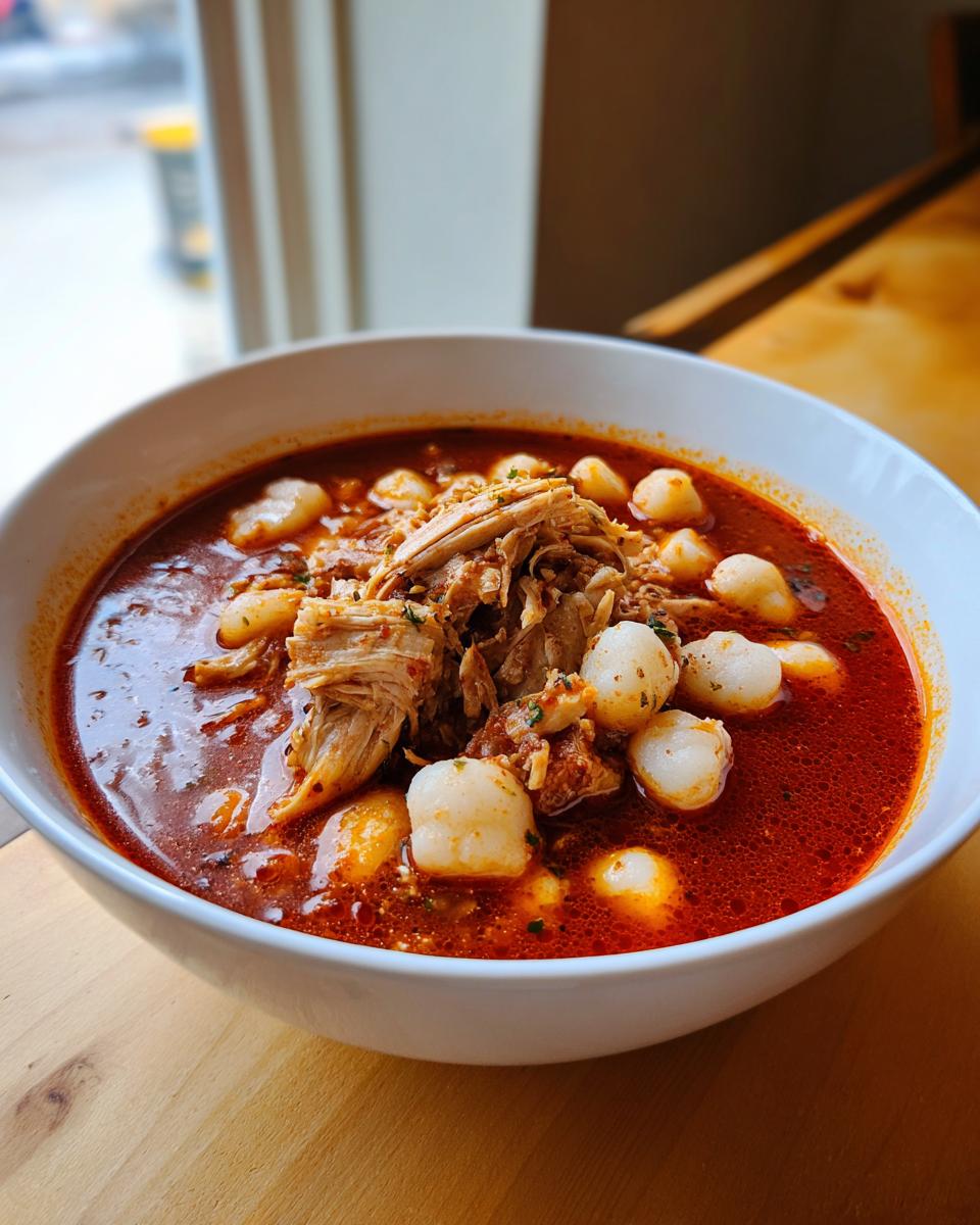 A close-up of a white bowl filled with rich red broth, shredded chicken, and hominy, representing chicken pozole.