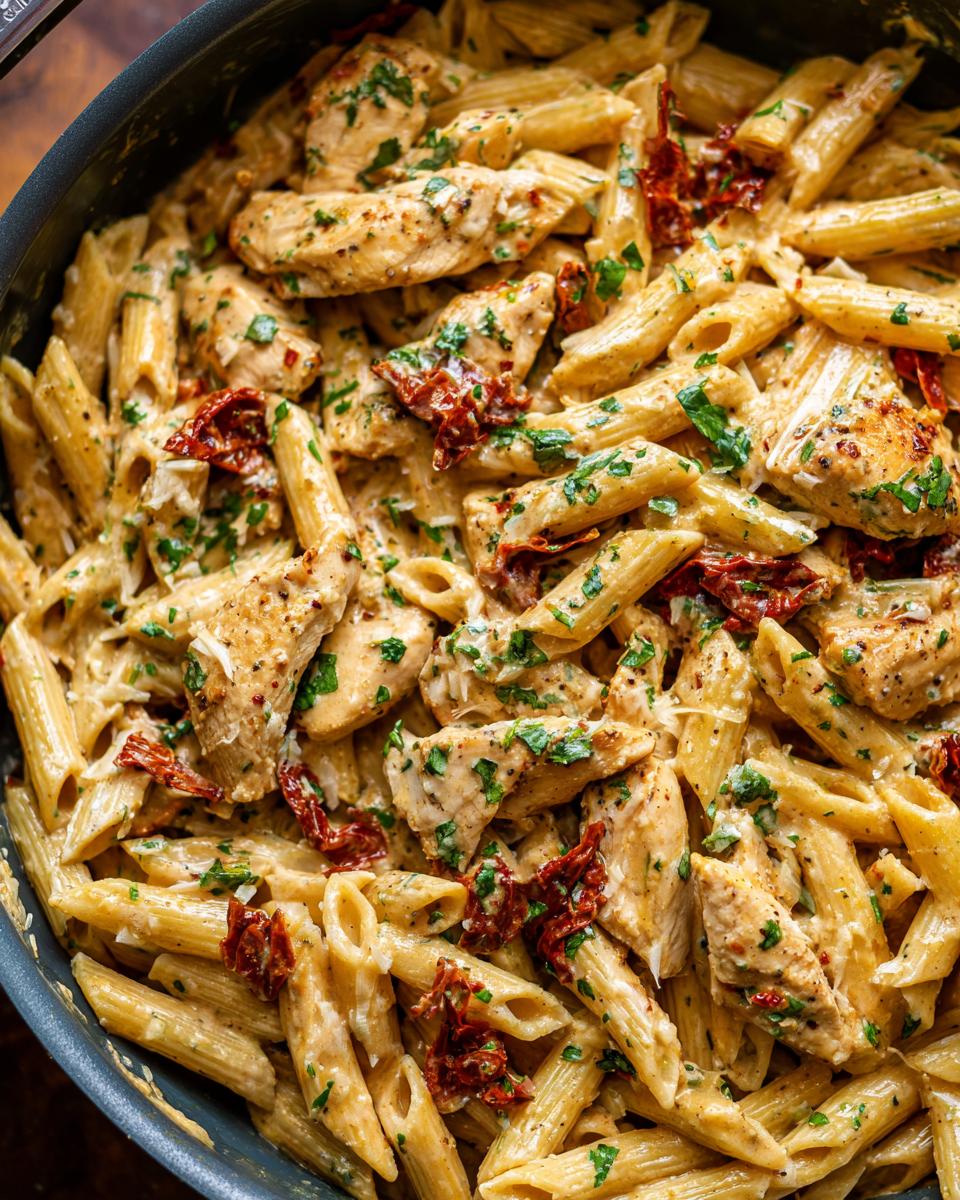 Close-up overhead view of creamy marry me chicken pasta with penne, chicken pieces, and sun-dried tomatoes.