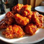 A close-up shot of crispy, battered pieces coated in a glossy, sweet and tangy sauce, ready to serve for an orange chicken recipe.