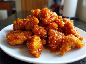 A pile of crispy, glazed pieces of orange chicken recipe coated in a shiny, sweet sauce and sprinkled with sesame seeds.