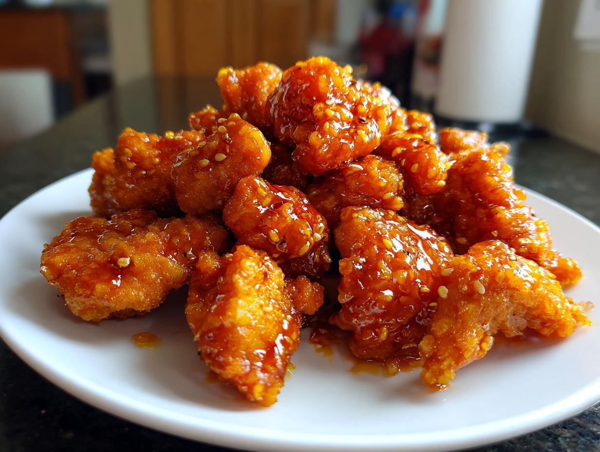 A pile of crispy, glazed pieces of orange chicken recipe coated in a shiny, sweet sauce and sprinkled with sesame seeds.