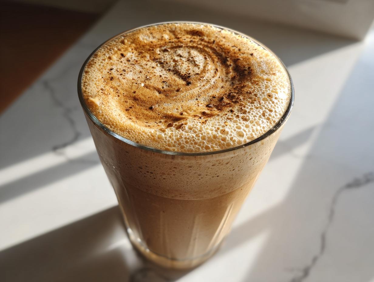 Top-down view of a creamy peanut butter banana smoothie with a thick, foamy top dusted with cinnamon or cocoa.