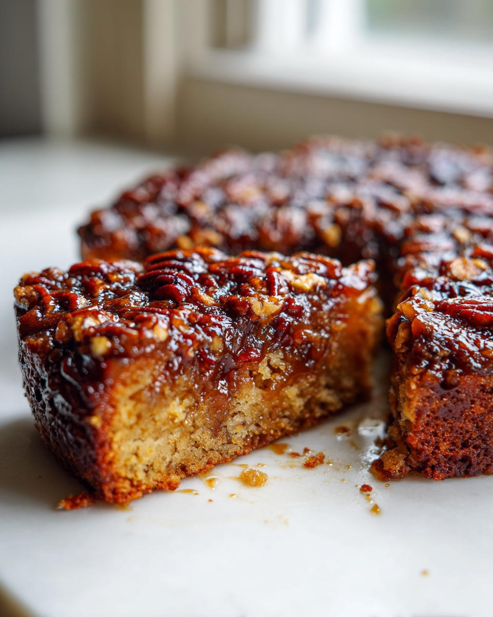 A close-up of a moist slice of pecan upside down cake with a rich, glossy caramel pecan topping.