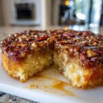 Close-up of a moist pecan upside down cake with a slice removed, showing the sticky caramel pecan topping.