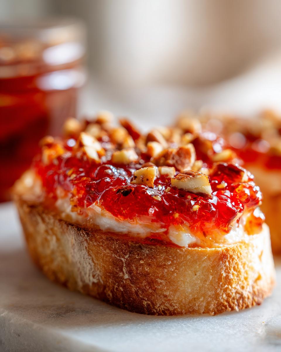 Close-up of a toasted baguette slice topped with creamy cheese and bright red pepper jelly cheese dip, sprinkled with nuts.