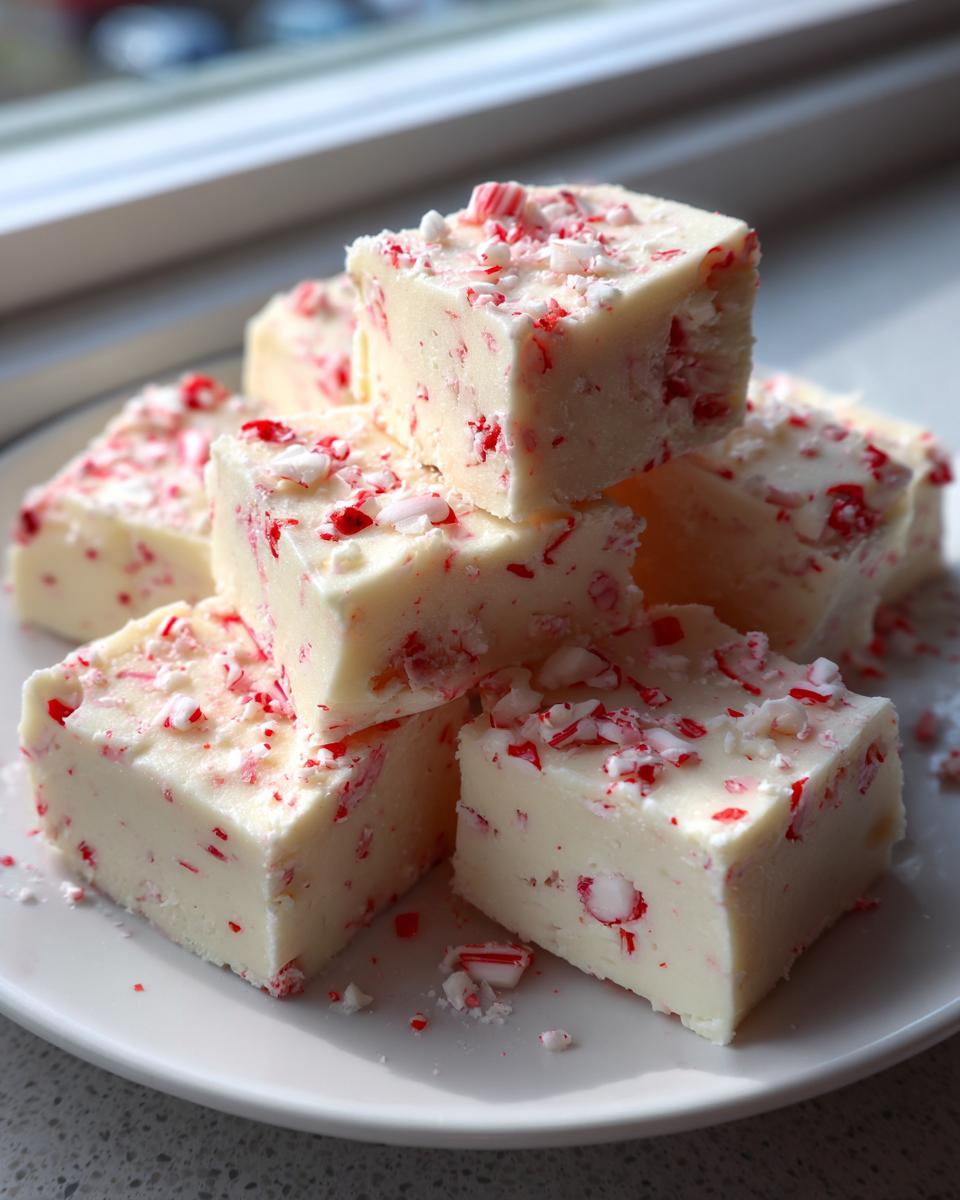 A stack of creamy white peppermint fudge squares topped with crushed candy canes on a white plate.