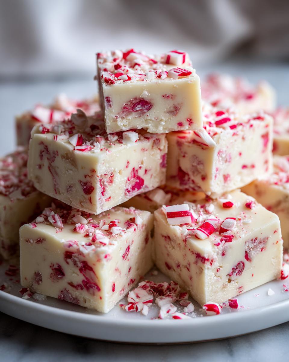 A stack of creamy white peppermint fudge squares topped with crushed candy canes.