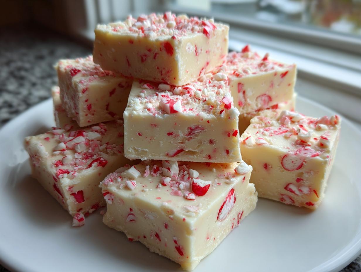A stack of creamy white peppermint fudge squares generously topped with crushed red and white candy cane pieces.