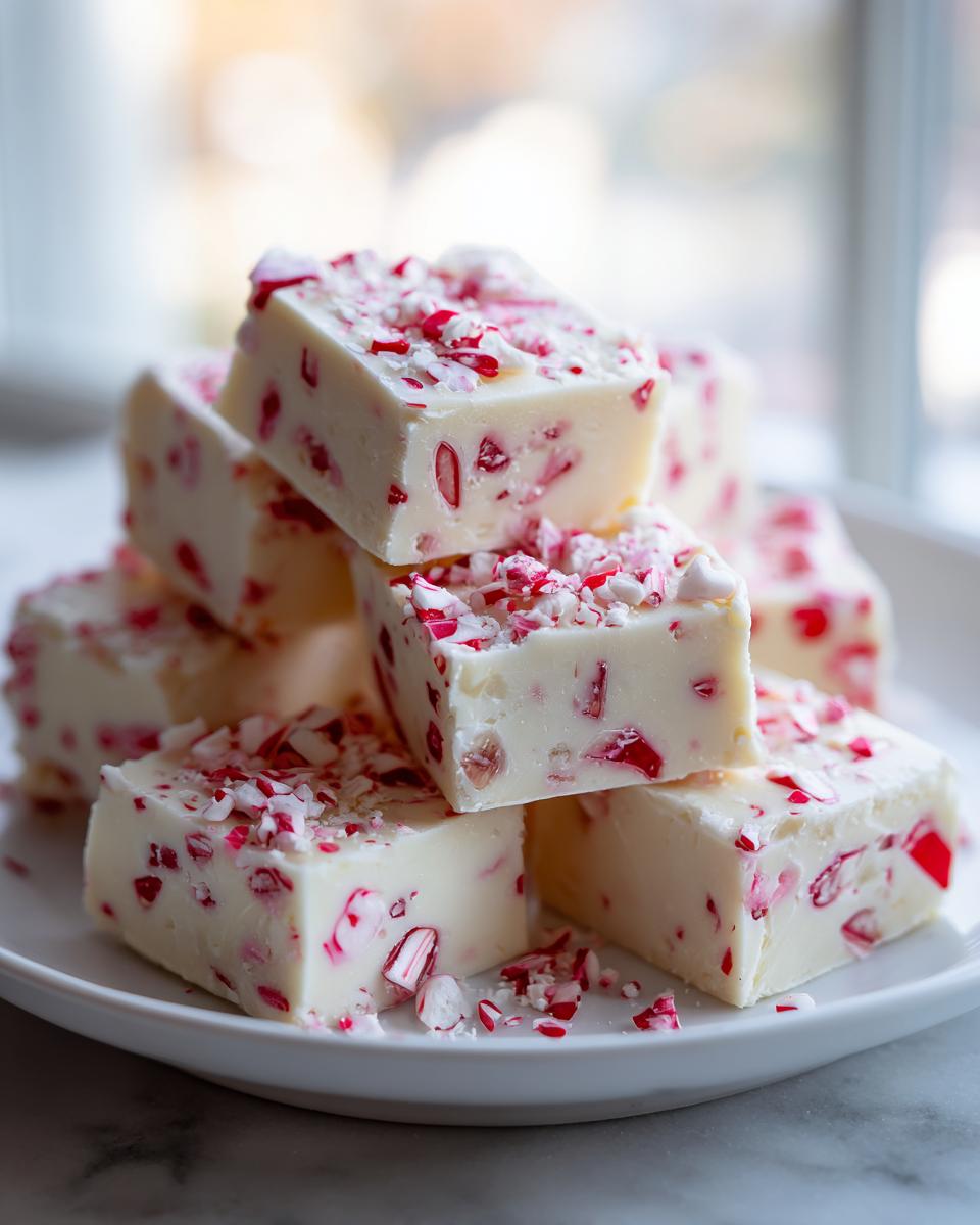 A stack of creamy white peppermint fudge squares topped with crushed candy canes on a white plate.